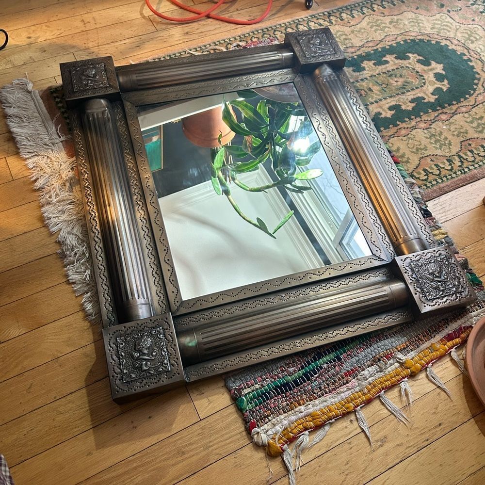 Vintage 80s 90s Aged Antique Tin Mexican Cherub Wall Mirror Frame